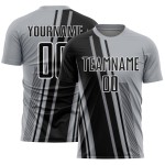 Maillot de football noir et blanc personnalisé à lignes grises par sublimation Maillot de football noir et blanc personnalisé à lignes grises par sublimation