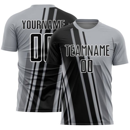 Maillot de football noir et blanc personnalisé à lignes grises par sublimation Maillot de football noir et blanc personnalisé à lignes grises par sublimation