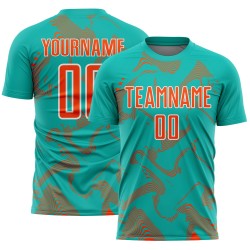 Maillot de sport Aqua Uniform Sublimation Lignes orange-blanches Courbe personnalisée Soccer