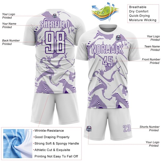 Maillot de football blanc, courbé, lignes violettes, personnalisé, sublimation
