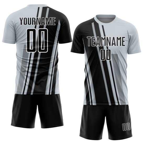 Maillot de football personnalisé à sublimation, uniforme sportif, lignes noires et blanches, argent