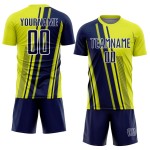 Maillot Uniforme Lignes Néon Jaune Sports Football Bleu Marine-Blanc Sublimation Personnalisé