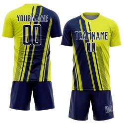 Maillot Uniforme Lignes Néon Jaune Sports Football Bleu Marine-Blanc Sublimation Personnalisé