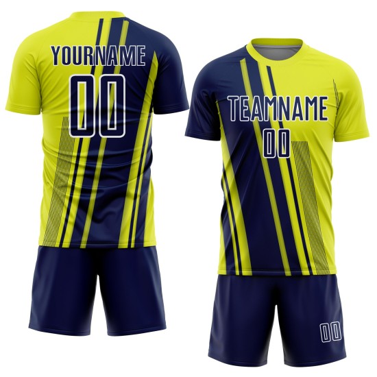 Maillot Uniforme Lignes Néon Jaune Sports Football Bleu Marine-Blanc Sublimation Personnalisé