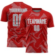 Maillot de football à sublimation gris-blanc, courbes rouges, lignes personnalisées