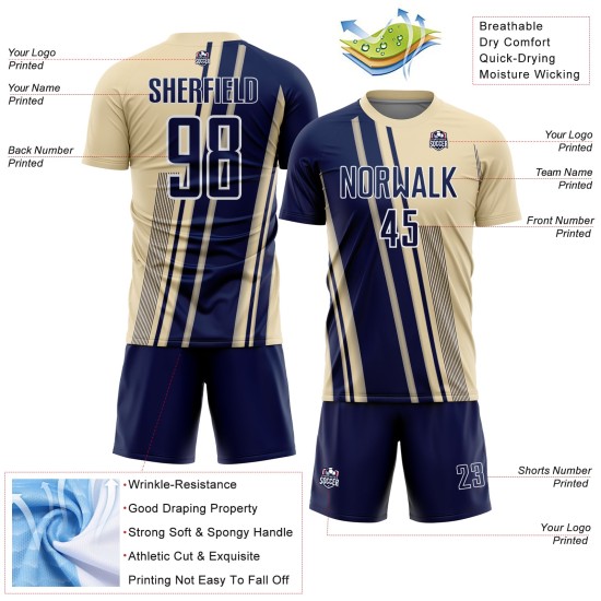 Maillot de football crème bleu marine et blanc, uniforme sportif à sublimation, lignes personnalisées