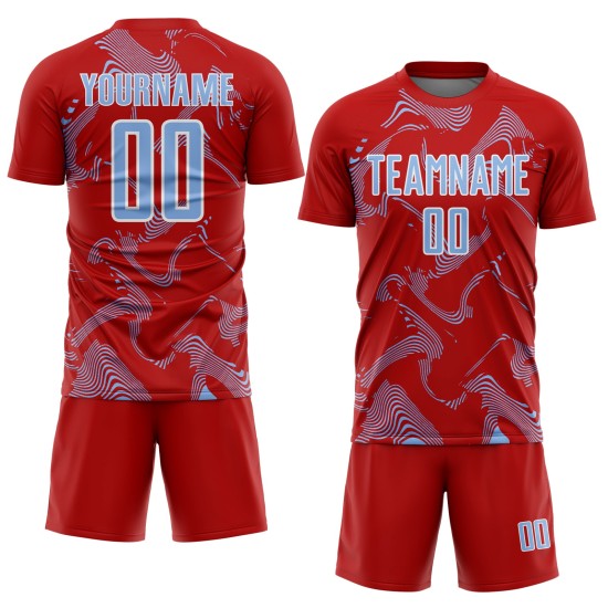 Maillot de football Curve Sublimation bleu clair-blanc, lignes rouges, uniforme de sport personnalisé