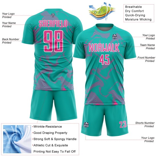 Maillot de football personnalisé à sublimation rose et blanc Lines Curve Aqua