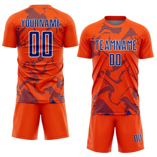 Maillot de football personnalisé à sublimation, lignes blanches et royales, uniforme orange