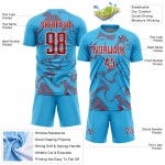 Maillot de football bleu ciel, rouge et blanc, uniforme personnalisé, lignes courbes, sublimation