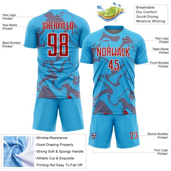 Maillot de football bleu ciel, rouge et blanc, uniforme personnalisé, lignes courbes, sublimation