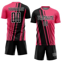 Maillot de football rose fluo à sublimation, uniforme sportif, lignes personnalisées, noir et blanc