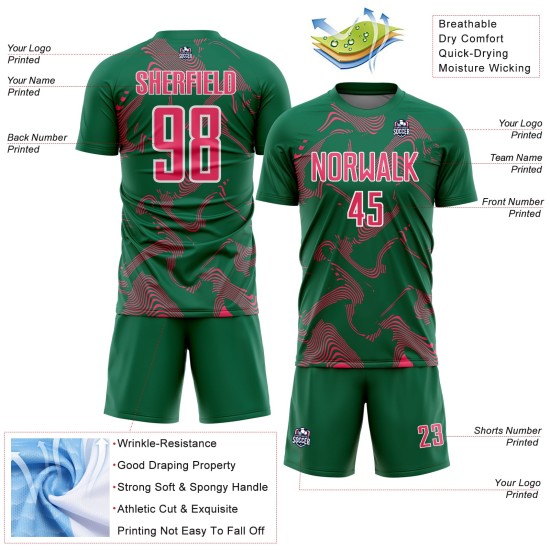 Maillot de football vert sublimation lignes néon courbe rose-blanc Kelly uniforme sport personnalisé