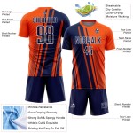 Maillot personnalisé uniforme de football à sublimation bleu marine et blanc, lignes orange, sports Maillot personnalisé uniforme de football à sublimation bleu marine et blanc, lignes orange, sports