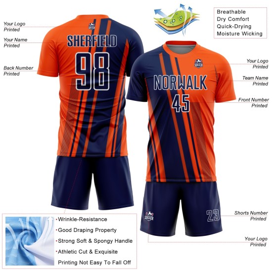 Maillot personnalisé uniforme de football à sublimation bleu marine et blanc, lignes orange, sports Maillot personnalisé uniforme de football à sublimation bleu marine et blanc, lignes orange, sports