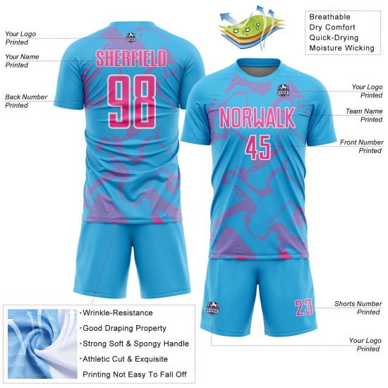 Maillot de football personnalisé rose et blanc, sublimation, bleu, courbe, lignes sportives, ciel