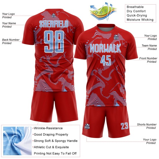 Maillot de football Curve Sublimation bleu clair-blanc, lignes rouges, uniforme de sport personnalisé