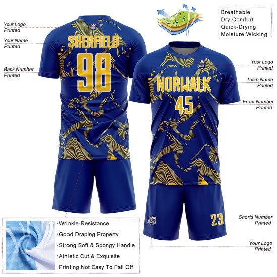 Maillot de football personnalisé à sublimation, lignes courbes jaune-blanc royal Maillot de football personnalisé à sublimation, lignes courbes jaune-blanc royal