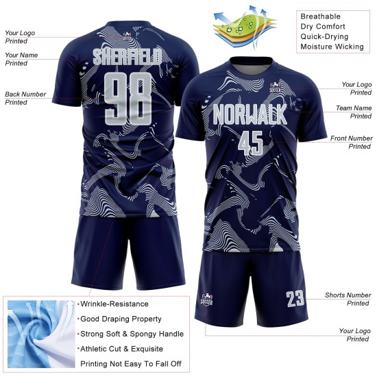 Maillot bleu marine Curve Custom Lines, uniforme argent-blanc, pour le sport, le football, sublimation Maillot bleu marine Curve Custom Lines, uniforme argent-blanc, pour le sport, le football, sublimation