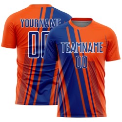 Maillot de football orange à sublimation, uniforme sportif personnalisé, lignes bleu royal et blanc