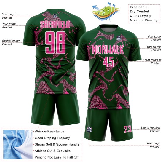 Maillot de football vert à sublimation rose et blanc, lignes sportives courbes personnalisées Maillot de football vert à sublimation rose et blanc, lignes sportives courbes personnalisées