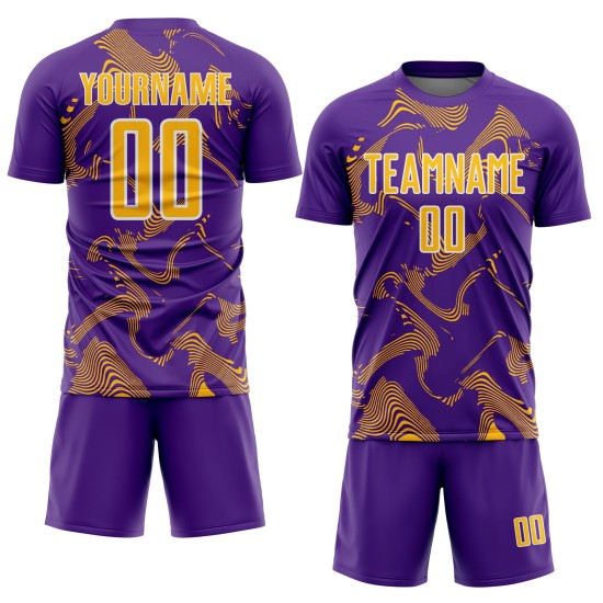 Maillot de football personnalisé à sublimation or-blanc, uniforme de sport violet courbe