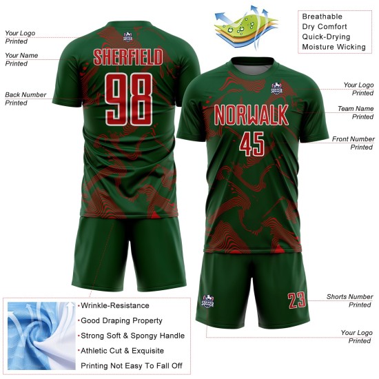 Maillot de football personnalisé, lignes de sublimation, rouge, blanc, vert, uniforme, courbe