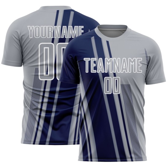 Maillot de football personnalisé à sublimation, lignes grises, bleu marine et blanc