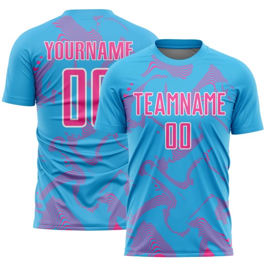 Maillot de football personnalisé rose et blanc, sublimation, bleu, courbe, lignes sportives, ciel