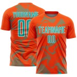 Maillot de football personnalisé orange à sublimation, uniforme de sport, courbe aqua-blanc