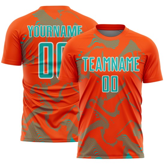 Maillot de football personnalisé orange à sublimation, uniforme de sport, courbe aqua-blanc