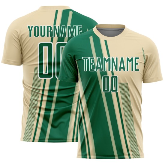 Maillot Kelly de football à sublimation, lignes uniformes crème, vert et blanc, personnalisé Maillot Kelly de football à sublimation, lignes uniformes crème, vert et blanc, personnalisé