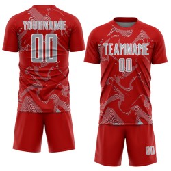 Maillot de football à sublimation gris-blanc, courbes rouges, lignes personnalisées