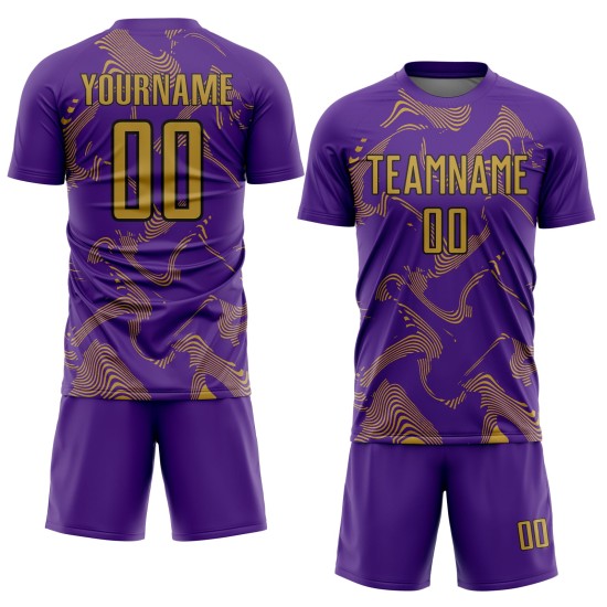 Maillot de football personnalisé violet à lignes dorées et noires, courbure violette, uniforme de football à sublimation, ancien