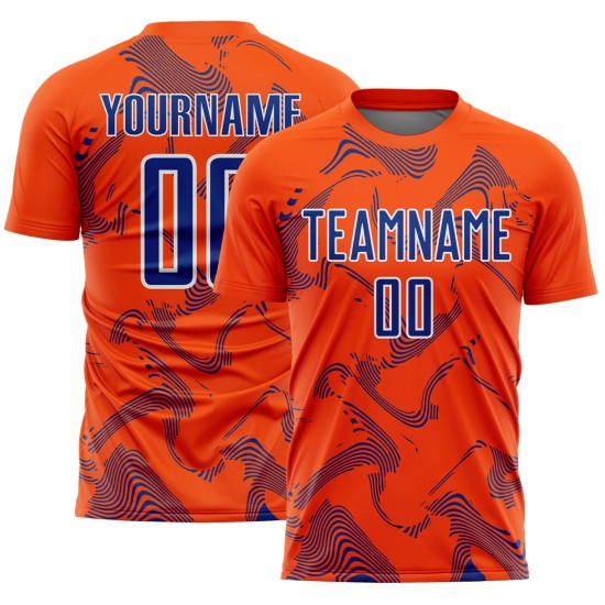 Maillot de football personnalisé à sublimation, lignes blanches et royales, uniforme orange