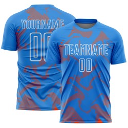 Maillot de football bleu personnalisé avec lignes de sublimation, courbe orange-blanche