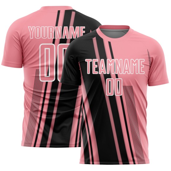 Maillot de football personnalisé à sublimation, noir et blanc, rose moyen