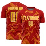 Maillot de football personnalisé à sublimation, courbe rouge, lignes dorées et blanches