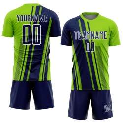 Maillot de football personnalisé à sublimation, lignes vertes, sport, bleu marine fluo et blanc