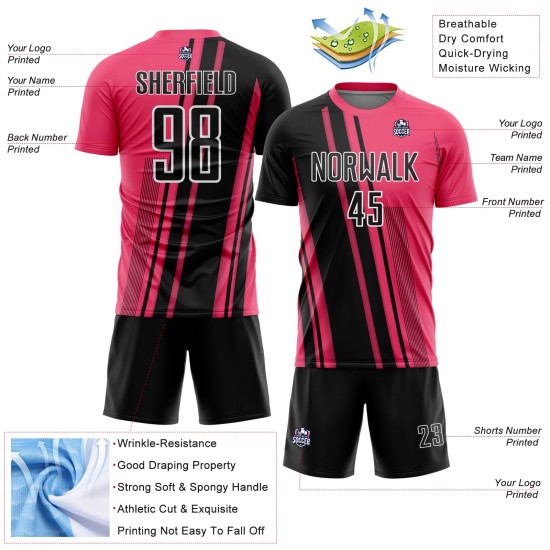 Maillot de football rose fluo à sublimation, uniforme sportif, lignes personnalisées, noir et blanc Maillot de football rose fluo à sublimation, uniforme sportif, lignes personnalisées, noir et blanc