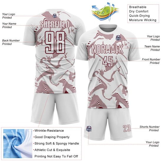 Maillot de football blanc à lignes uniformes et courbes, bordeaux, sublimation personnalisée