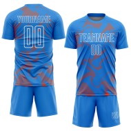 Maillot de football bleu personnalisé avec lignes de sublimation, courbe orange-blanche