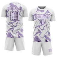 Maillot de football blanc, courbé, lignes violettes, personnalisé, sublimation Maillot de football blanc, courbé, lignes violettes, personnalisé, sublimation