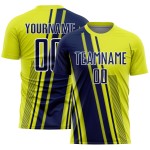 Maillot Uniforme Lignes Néon Jaune Sports Football Bleu Marine-Blanc Sublimation Personnalisé