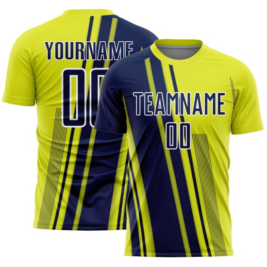 Maillot Uniforme Lignes Néon Jaune Sports Football Bleu Marine-Blanc Sublimation Personnalisé