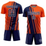 Maillot personnalisé uniforme de football à sublimation bleu marine et blanc, lignes orange, sports Maillot personnalisé uniforme de football à sublimation bleu marine et blanc, lignes orange, sports