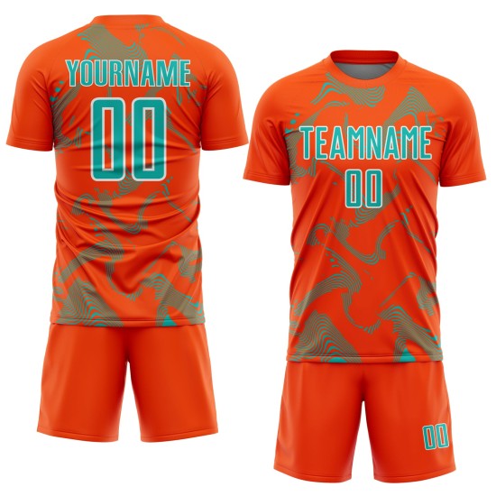 Maillot de football personnalisé orange à sublimation, uniforme de sport, courbe aqua-blanc