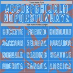 Maillot de football bleu personnalisé avec lignes de sublimation, courbe orange-blanche Maillot de football bleu personnalisé avec lignes de sublimation, courbe orange-blanche