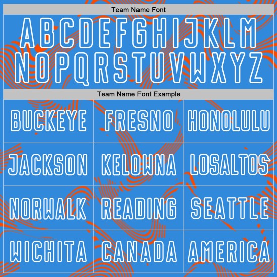 Maillot de football bleu personnalisé avec lignes de sublimation, courbe orange-blanche Maillot de football bleu personnalisé avec lignes de sublimation, courbe orange-blanche