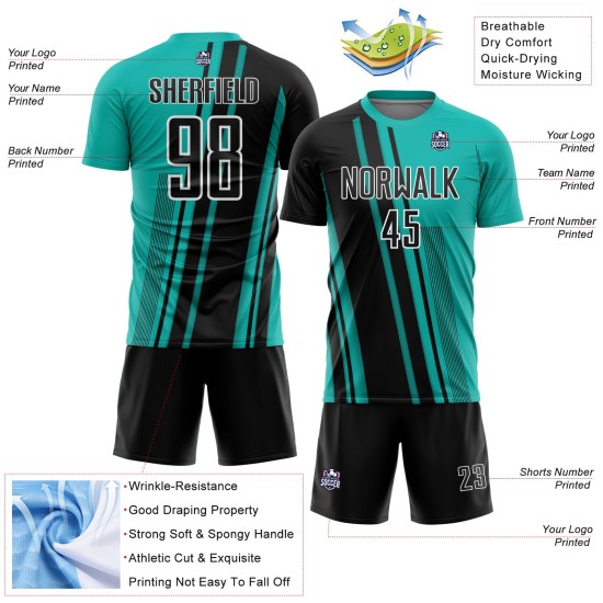 Maillot de sport noir et blanc personnalisé avec lignes d'uniforme de football Aqua Sublimation